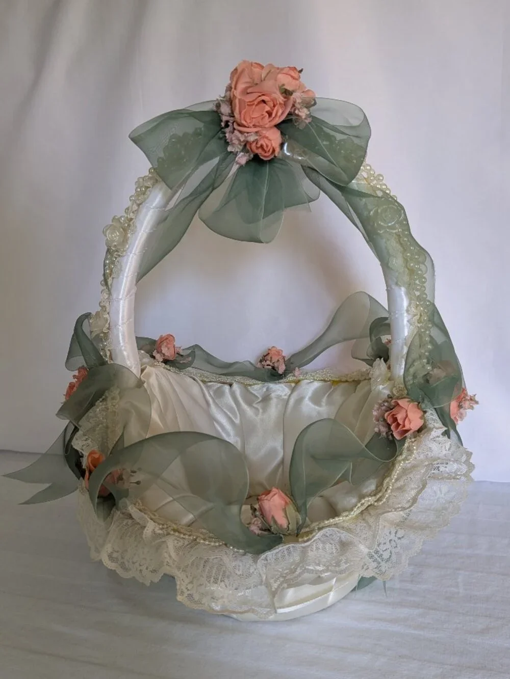 Handmade Lace Pearls Roses & Satin Wedding Baby Cheer Gift Basket